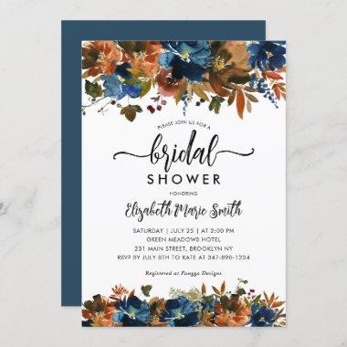 Navy Blue Terracotta Floral Fall Bridal Shower Invitations