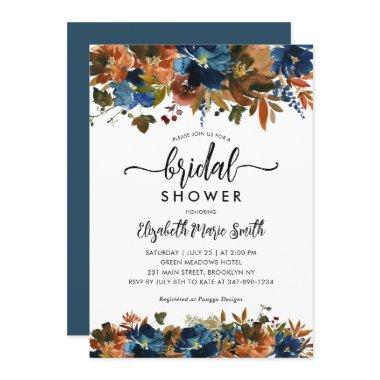 Navy Blue Terracotta Floral Fall Bridal Shower Invitations