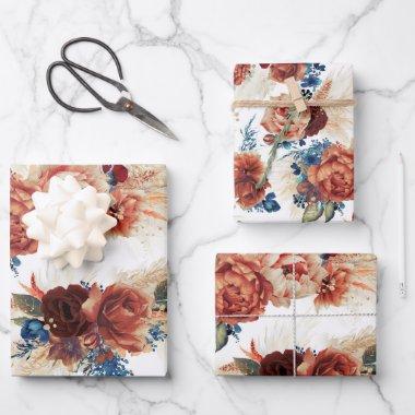 Navy Blue Terracotta Floral Pampas Grass Botanical Wrapping Paper Sheets