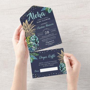 Navy Blue Tropical Beach Pineapple Baby Shower All All In One Invitations