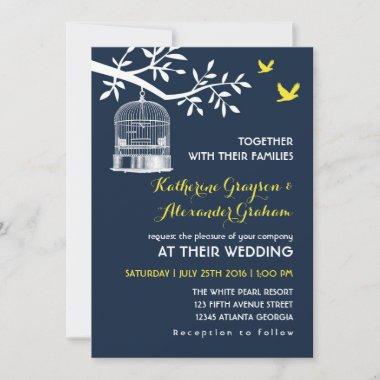 Navy Blue Vintage Bird Cage Wedding Invitations