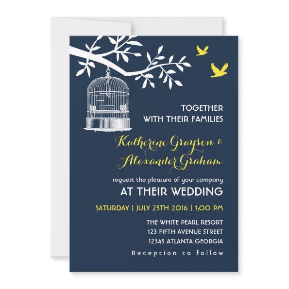 Navy Blue Vintage Bird Cage Wedding Invitations