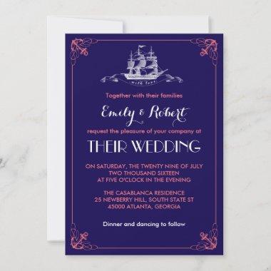 Navy Blue Vintage Ship Anchor Wedding Invitations