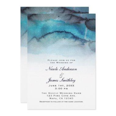 Navy Blue Watercolor Coastal Beach Abstract Waves Invitations