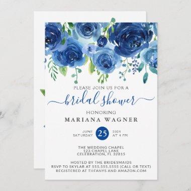 Navy Blue Watercolor Floral Bridal Shower Invitati Invitations