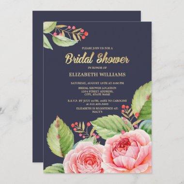 Navy Blue Watercolor Floral Bridal Shower Invitations