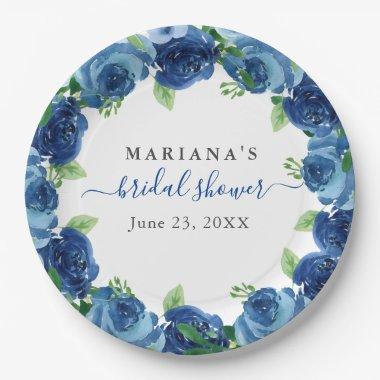Navy Blue Watercolor Floral Bridal Shower Paper Plates