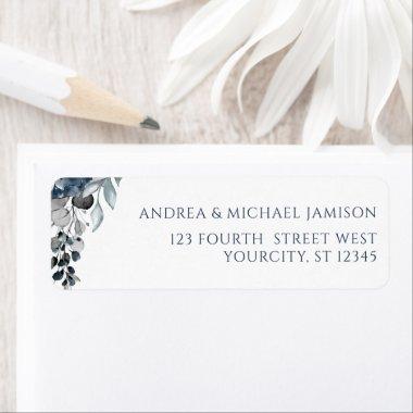 Navy Blue Watercolor Floral Wedding Address Label