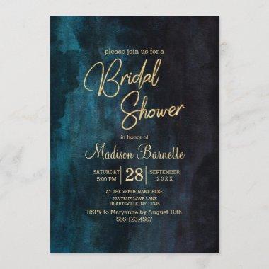 Navy Blue Watercolor Gold Bridal Shower Invitations