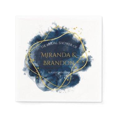 Navy Blue Watercolor Gold Geometric  Napkins