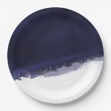 Navy Blue Watercolor & Gold Modern Chic Elegant Paper Plates