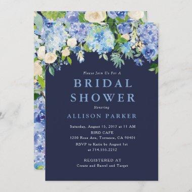 Navy Blue Watercolor hydrangea Bridal Shower Invitations