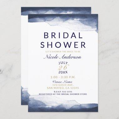 Navy Blue Watercolor Modern Chic Bridal Shower Invitations