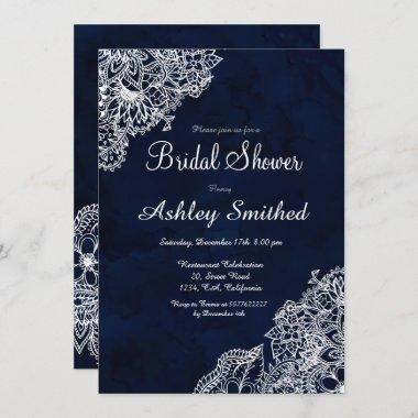 Navy blue watercolor winter floral Bridal shower Invitations