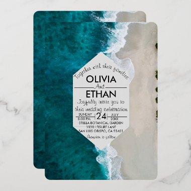 Navy blue waves coastal Wedding Foil