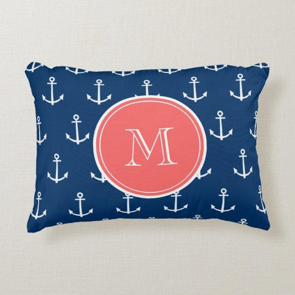 Navy Blue White Anchors Pattern, Coral Monogram 2 Decorative Pillow