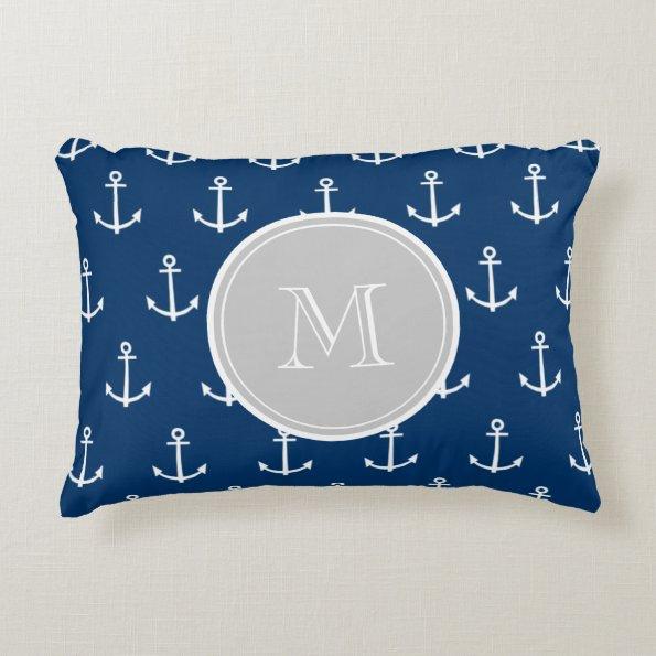 Navy Blue White Anchors Pattern, Gray Monogram Accent Pillow