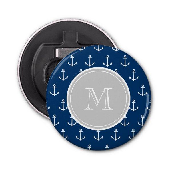 Navy Blue White Anchors Pattern, Gray Monogram Bottle Opener