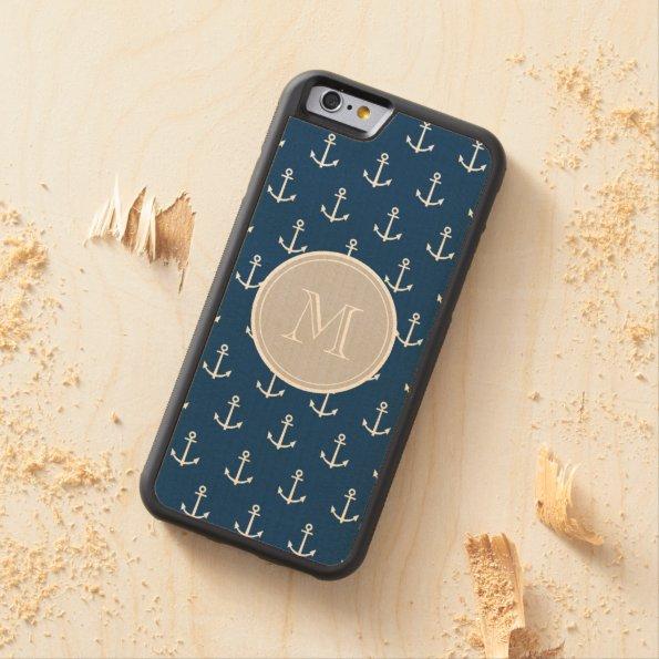 Navy Blue White Anchors Pattern, Gray Monogram Carved Maple iPhone 6 Bumper Case