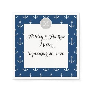 Navy Blue White Anchors Pattern, Gray Monogram Paper Napkins