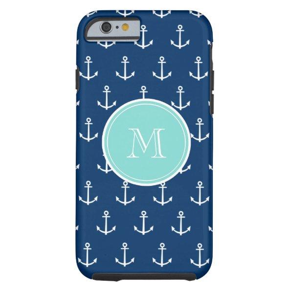 Navy Blue White Anchors Pattern, Mint Green Monogr Tough iPhone 6 Case