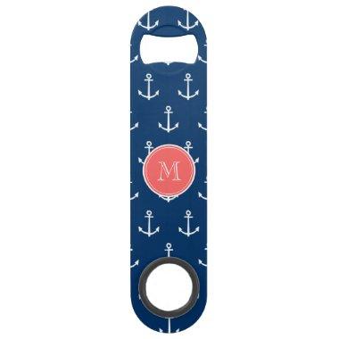 Navy Blue White Anchors Pattern, Red Monogram Bar Key