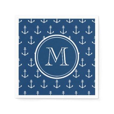 Navy Blue White Anchors Pattern, Your Monogram Napkins