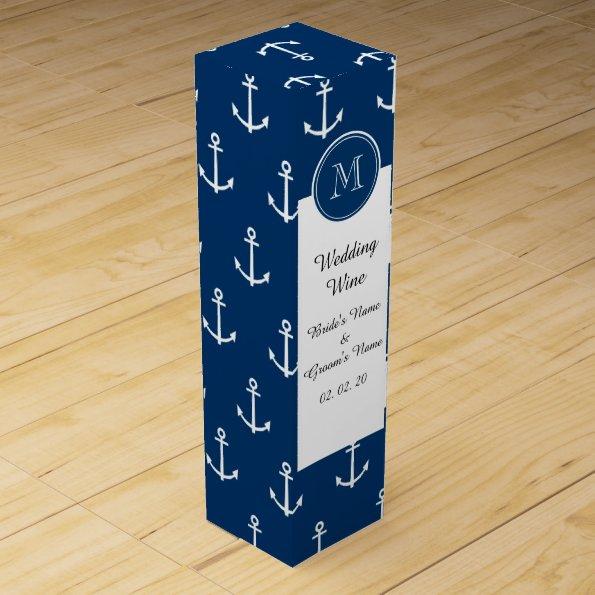 Navy Blue White Anchors Pattern, Your Monogram Wine Gift Box
