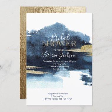 Navy Blue White and Gold Watercolor Bridal Shower Invitations