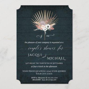 Navy Blue White BOHO Tropical Floral Couple Shower Invitations
