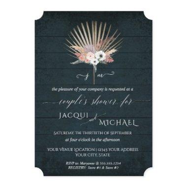 Navy Blue White BOHO Tropical Floral Couple Shower Invitations