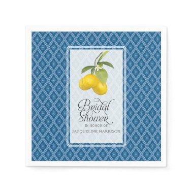 Navy Blue White Bridal Shower Lemon Citrus Pattern Paper Napkins