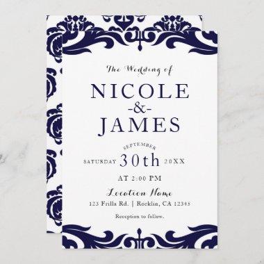 Navy Blue & White Damask Chic Elegant Wedding Invitations