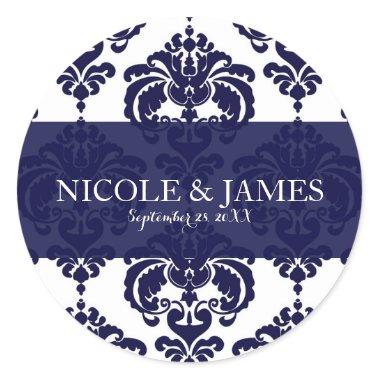 Navy Blue White Damask Vintage Wedding Event Favor Classic Round Sticker