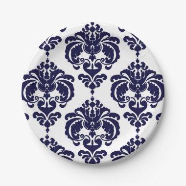 Navy Blue & White Damask Vintage Wedding Event Paper Plates