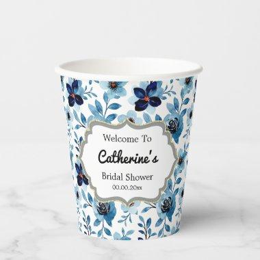 Navy blue white floral pattern bridal shower paper cups