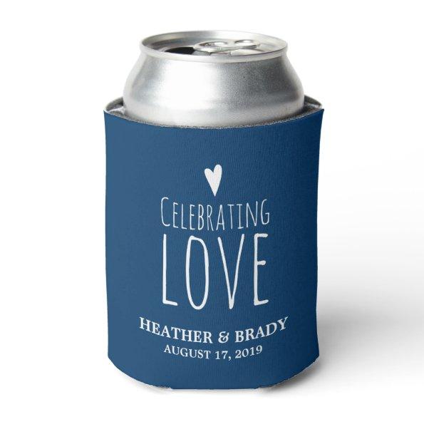 Navy Blue White Heart Celebrating Love Wedding Can Cooler
