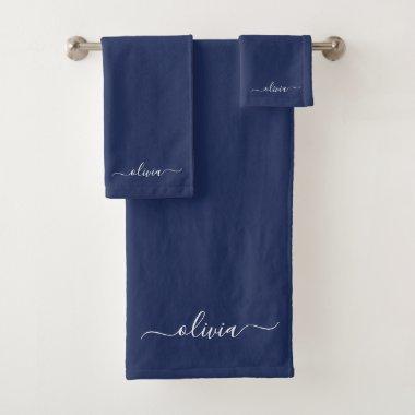 Navy Blue White Modern Script Girly Monogram Name Bath Towel Set