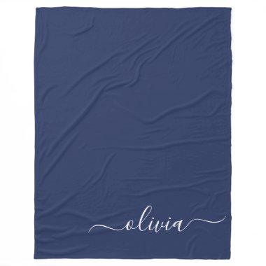 Navy Blue White Modern Script Girly Monogram Name Fleece Blanket