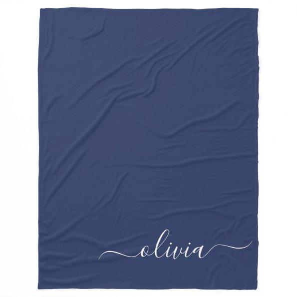 Navy Blue White Modern Script Girly Monogram Name Fleece Blanket