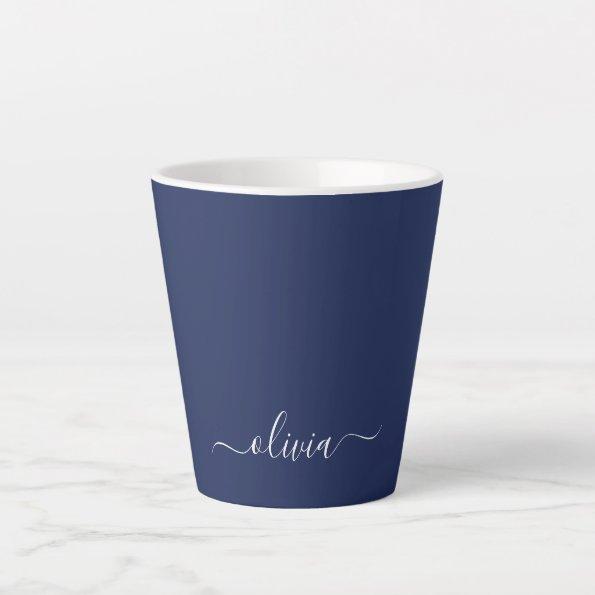 Navy Blue White Modern Script Girly Monogram Name Latte Mug