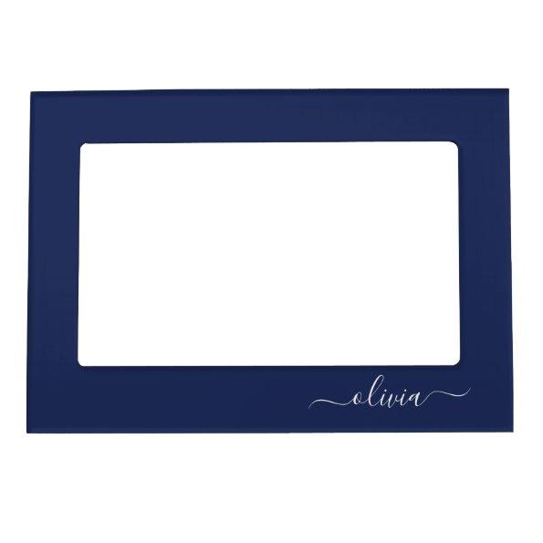 Navy Blue White Modern Script Girly Monogram Name Magnetic Frame