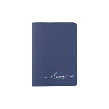 Navy Blue White Modern Script Girly Monogram Name Passport Holder