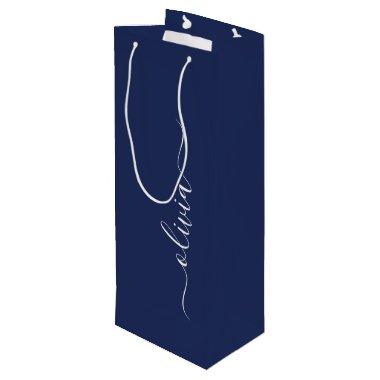 Navy Blue White Modern Script Girly Monogram Name Wine Gift Bag