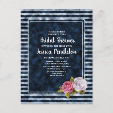 Navy Blue White Pink White Floral Bridal Shower PostInvitations