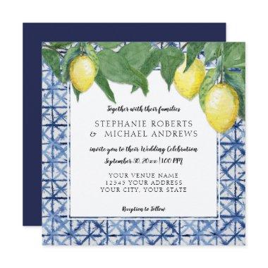 Navy Blue White Shibori X Pattern w Lemon Branch Invitations