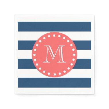 Navy Blue White Stripes Pattern, Coral Monogram Paper Napkins