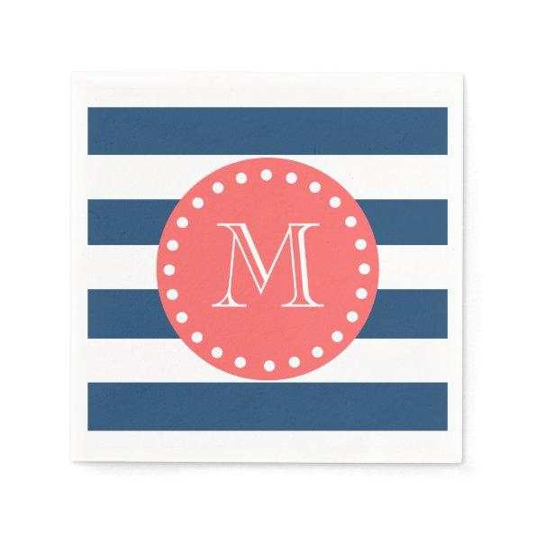 Navy Blue White Stripes Pattern, Coral Monogram Paper Napkins