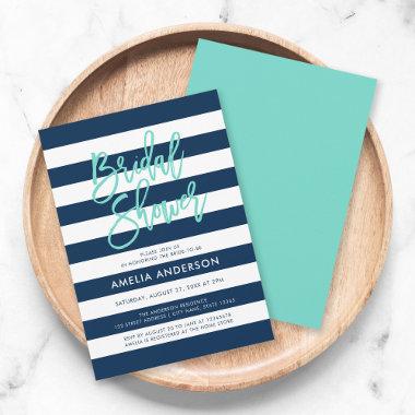 Navy Blue & White Stripes Turquoise Bridal Shower Invitations