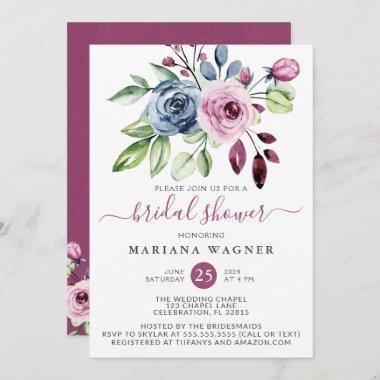 Navy Blue Wine Watercolor Floral Bridal Shower Inv Invitations